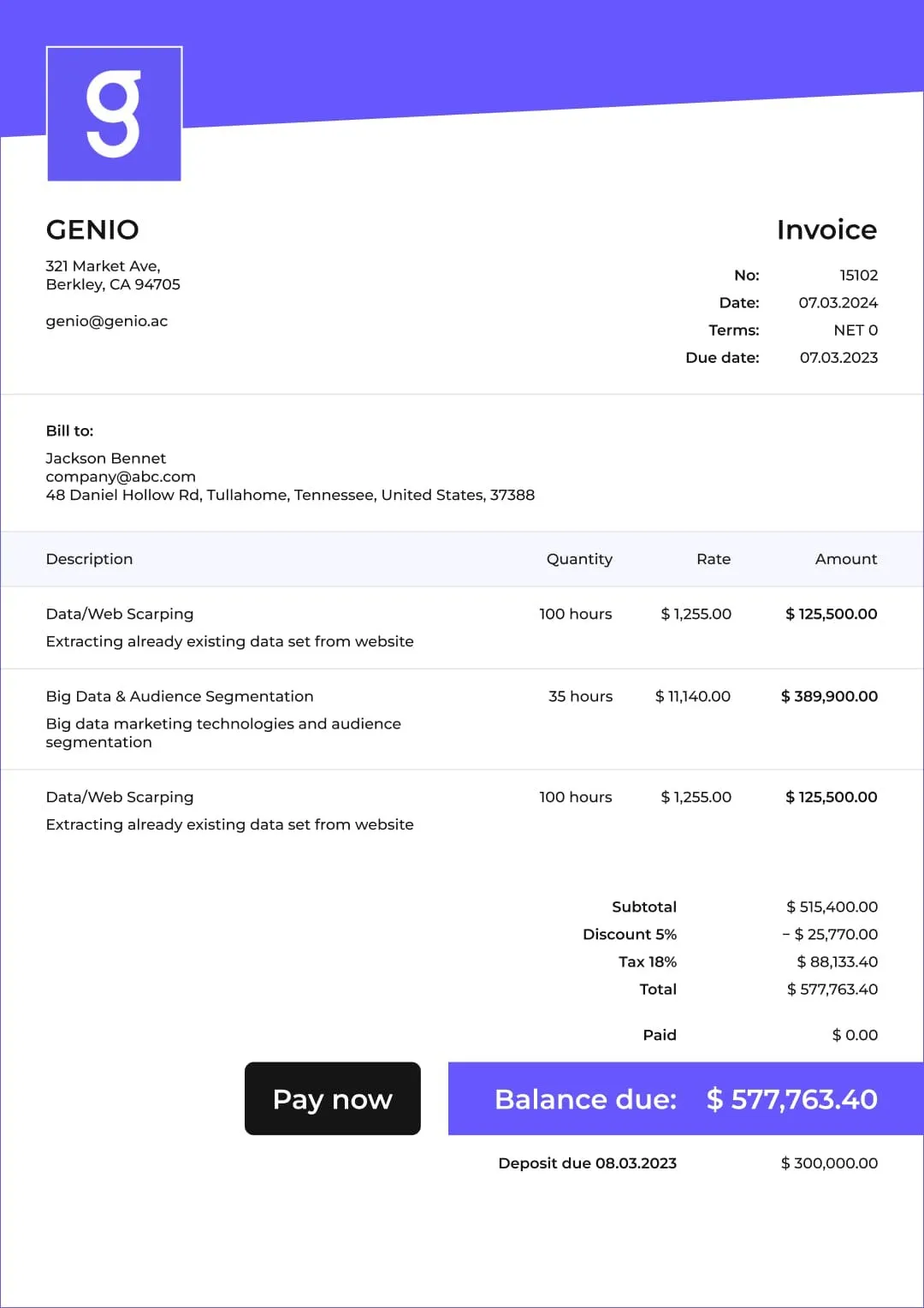 Office Space Rental and Leasing Invoice Template